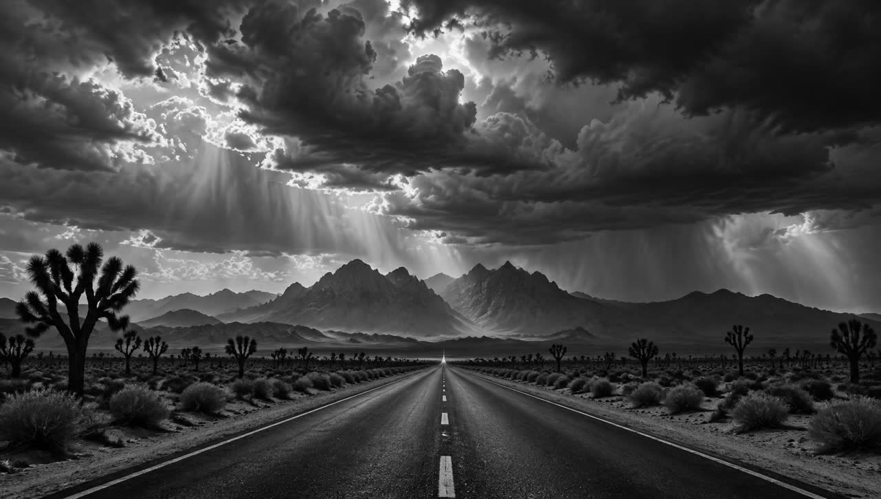 Grayscale highway stretching toward distant mountains